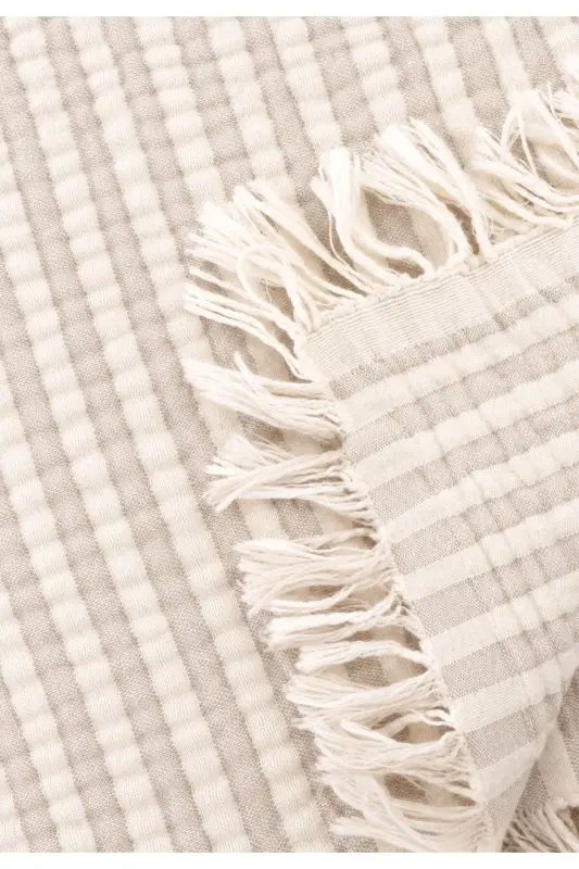 Dört Kat Müslin Püsküllü Battaniye 80X120 Cm Vizon Çizgili - VİZON ÇİZGİLİ - 3