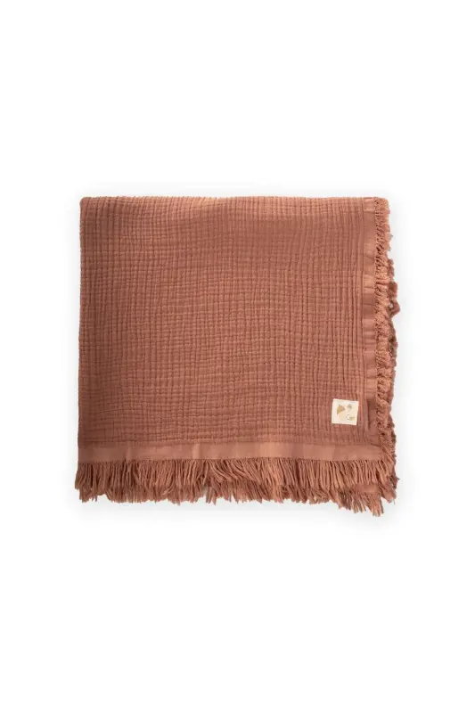 Dört Kat Püsküllü Organic Müslin Battaniye 80X120 Cm Açık Kahve - A.KAHVE - 1