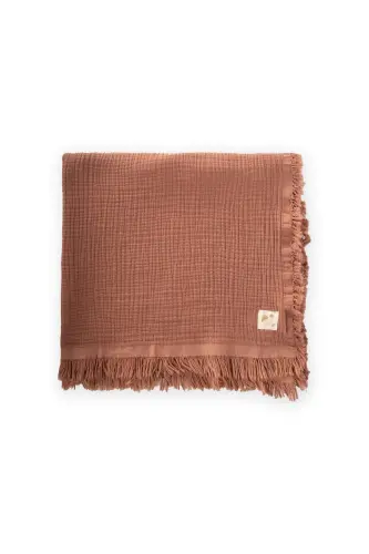 Dört Kat Püsküllü Organic Müslin Battaniye 80X120 Cm Açık Kahve - A.KAHVE 