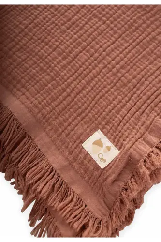 Dört Kat Püsküllü Organic Müslin Battaniye 80X120 Cm Açık Kahve - A.KAHVE - 3