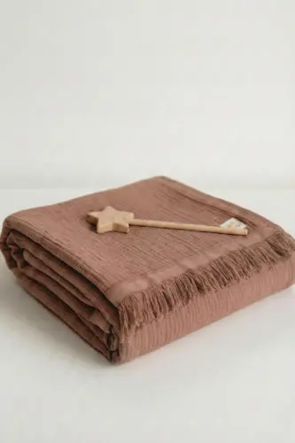 Dört Kat Püsküllü Organic Müslin Battaniye 80X120 Cm Açık Kahve - A.KAHVE - 4