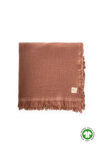 Dört Kat Püsküllü Organic Müslin Battaniye 80X120 Cm Açık Kahve - A.KAHVE 