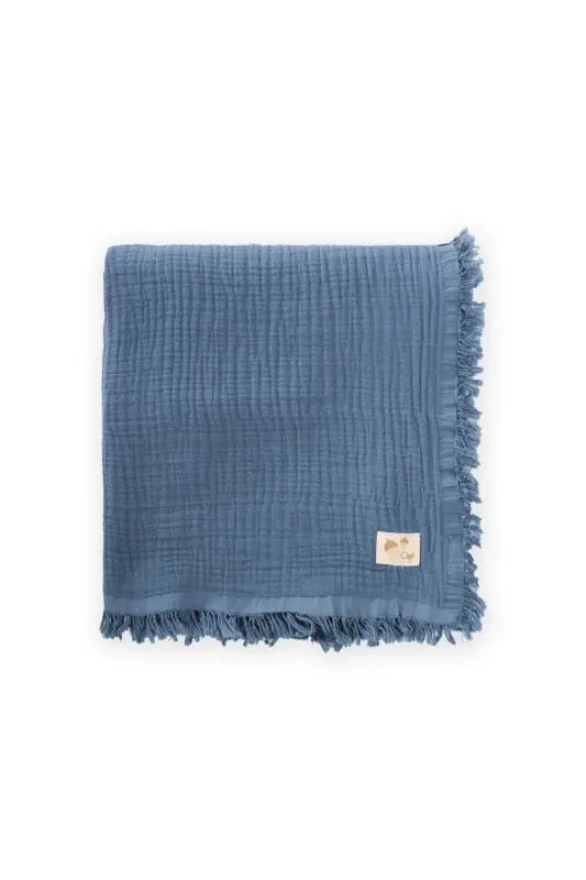 Dört Katlı Püsküllü Organic Müslin Battaniye 80 X120 Cm İndigo Mavi - İNDİGO MAVİ - 1