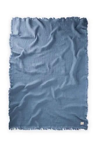 Dört Katlı Püsküllü Organic Müslin Battaniye 80 X120 Cm İndigo Mavi - İNDİGO MAVİ - 2