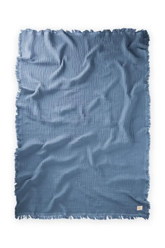 Dört Katlı Püsküllü Organic Müslin Battaniye 80 X120 Cm İndigo Mavi - İNDİGO MAVİ - 2