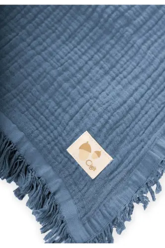 Dört Katlı Püsküllü Organic Müslin Battaniye 80 X120 Cm İndigo Mavi - İNDİGO MAVİ - 3
