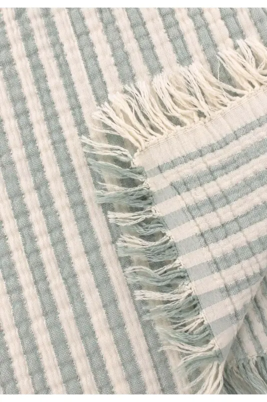 Dört Kat Püsküllü Müslin Battaniye 80X120 Cm Yeşil Çizgili - YEŞİL ÇİZGİLİ - 3