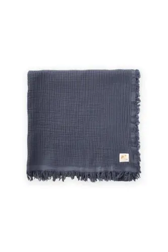 Dört Kat Püsküllü Organic Müslin Battaniye 80X120 Cm Antrasit - ANTRASİT - 1