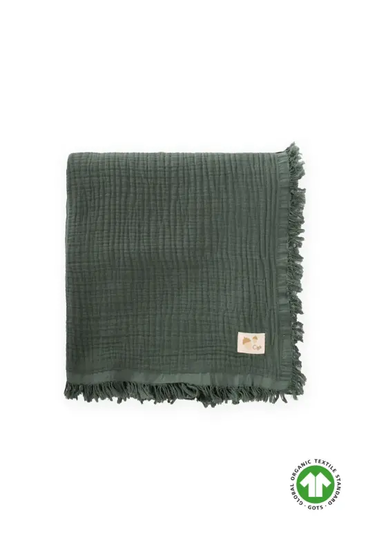 Dört Kat Püsküllü Organic Müslin Battaniye 80X120 Cm Haki Yeşili - HAKİ YEŞİL - CIGIT