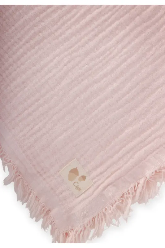 Dört Kat Püsküllü Organic Müslin Battaniye 80X120 Cm Pudra Pembe - PUDRA PEMBE - 1
