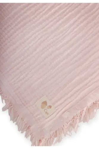 Dört Kat Püsküllü Organic Müslin Battaniye 80X120 Cm Pudra Pembe - PUDRA PEMBE 