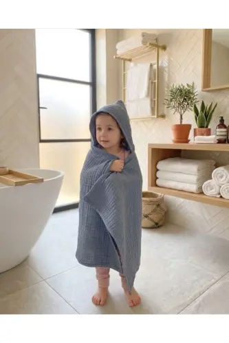 Dört Katlı Müslin Bebek Çocuk Havlu Kundak Banyo havlusu Pamuk Plaj Havlusu Panço 4 Katlı-İndigo - JOYOUS MOM KIDS (1)