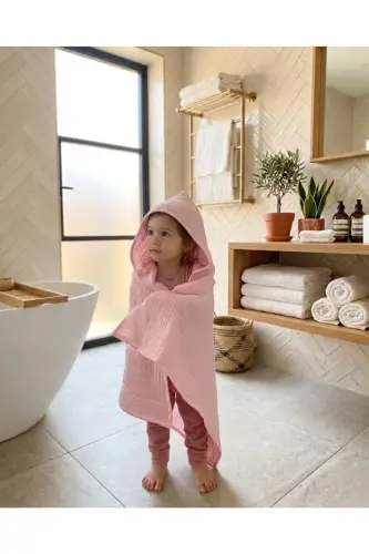 Dört Katlı Müslin Kapşonlu Bebek Çocuk Havlu Kundak Banyo Havlusu Pamuk Plaj Havlusu Panço 4 Katlı - pembe - JOYOUS MOM KIDS (1)