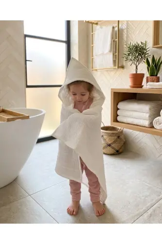 Dört Katlı Müslin Kapşonlu Bebek Çocuk Havlu Kundak Banyo Havlusu Pamuk Plaj Havlusu Panço 4 Katlı-beyaz - JOYOUS MOM KIDS (1)