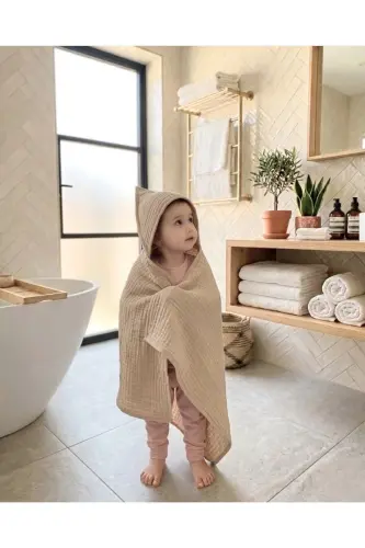 Dört Katlı Müslin Kapşonlu Bebek Çocuk Havlu Kundak Banyo Havlusu Pamuk Plaj Havlusu Panço 4 Katlı-bej - JOYOUS MOM KIDS (1)