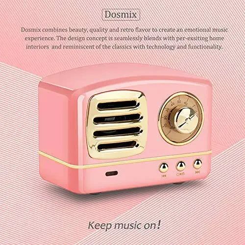 Dosmix Portable Bluetooth Stereo Speaker, Enhanced Bass Retro Wireless Vintage Speaker with TF Card Slot, Built-in Mic for Travel, Home, Beach, Kitchen for Android/iOS Devices (Pink) - 3