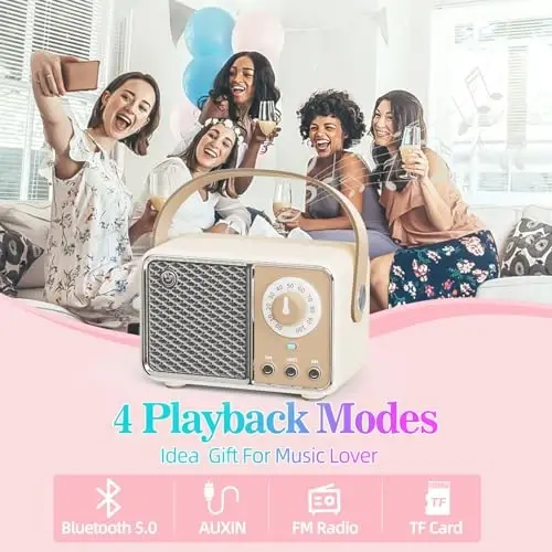 Dosmix Retro Bluetooth Speaker, Vintage Decor, Wireless Bluetooth Speakers, Cute Old Fashion Style for Kitchen Desk Bedroom Office Party Outdoor Kawaii Accessories (Beige) - 4
