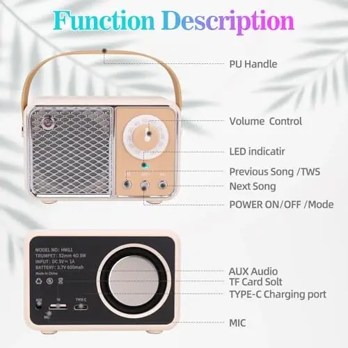 Dosmix Retro Bluetooth Speaker, Vintage Decor, Wireless Bluetooth Speakers, Cute Old Fashion Style for Kitchen Desk Bedroom Office Party Outdoor Kawaii Accessories (Beige) - 6