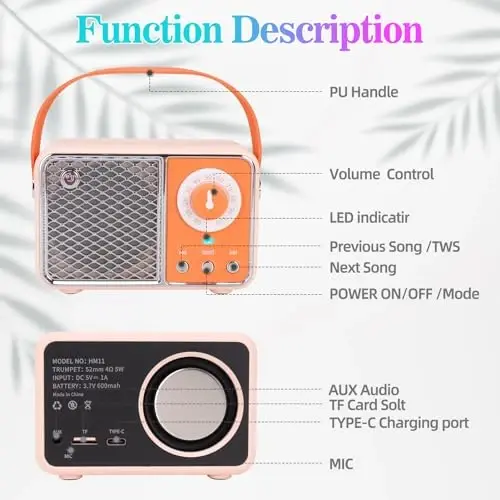 Dosmix Retro Bluetooth Hoparlör, Vintage Dekor, Kablosuz Bluetooth Hoparlörler, Mutfak Masa Yatak Odası Ofis Partisi Dış Mekan Kawaii Aksesuarları için Sevimli Eski Moda Stil (Turuncu) - 5