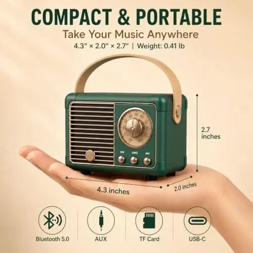 Dosmix Retro Bluetooth Speaker, Vintage Decor, Mini Wireless Bluetooth Speaker, Cute Old Fashion Style for Kitchen Desk Bedroom Office Party Outdoor Accessories for iPhone Android (Green) 