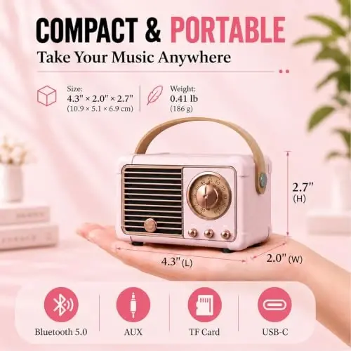 Dosmix Retro Bluetooth karnay, Vintage dekor, Kichkina simsiz Bluetooth karnay, Oshxona stol usti yotoq xonasi ofis tashqarisida uchun yoqimli eski uslub, Ayollar o'smirlar uchun tug'ilgan kun sovg'alari g'oyalari 