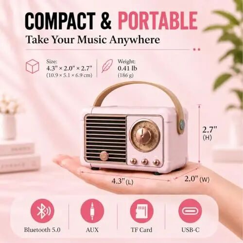 Dosmix Retro Bluetooth karnay, Vintage dekor, Kichkina simsiz Bluetooth karnay, Oshxona stol usti yotoq xonasi ofis tashqarisida uchun yoqimli eski uslub, Ayollar o'smirlar uchun tug'ilgan kun sovg'alari g'oyalari - 1