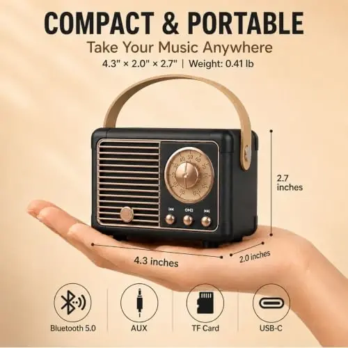 Dosmix Retro Bluetooth karnay, Vintage dekor, kichkina simsiz Bluetooth karnay, oshxona stoli yotoq xonasi ofisi ochiq havoda ayollar erkaklar o'smirlar uchun tug'ilgan kun sovg'alari uchun yoqimli eski uslub 