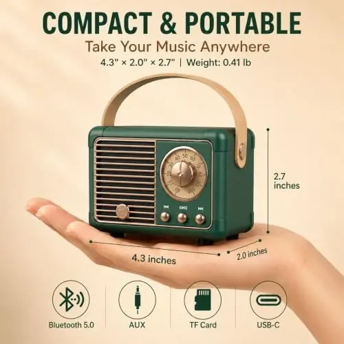 Dosmix Retro Bluetooth karnay, Vintage dekor, Mini simsiz Bluetooth karnay, Oshxona stol usti yotoqxona ofis partiyasi ochiq havoda iPhone Android uchun yoqimli eski uslub (yashil) 