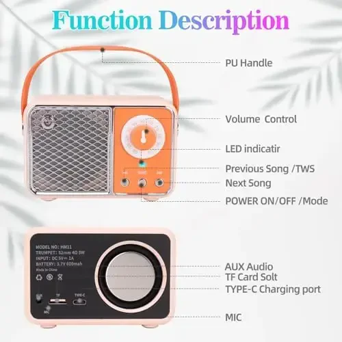Dosmix Retro Bluetooth Speaker, Vintage Decor, Wireless Bluetooth Speakers, Cute Old Fashion Style for Kitchen Desk Bedroom Office Party Outdoor Kawaii Accessories (Orange) - 5