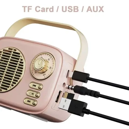 Dosmix Retro Bluetooth Speaker, Portable Mini Vintage Decor, Pink | gift teen girl bedroom decor,desk, kitchen, bedroom, travel with Bluetooth, USB, TF card and AUX ,cute pink small design - 5