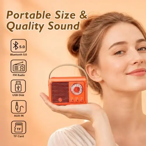 Dosmix Retro Bluetooth Speaker, Small Vintage Decor Gifts Pumpkin Orange | Portable mini wireless old fashion style for kitchen desk bedroom office outdoor accessories gifts for women teen girls - DOSMIX (1)