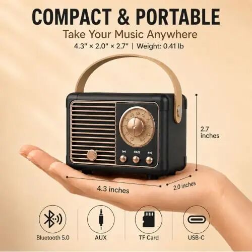 Dosmix Retro Bluetooth Speaker, Vintage Decor,Small Wireless Bluetooth Speaker,Cute Old Fashion Style for Kitchen Desk Bedroom Office Outdoor,Birthday Gifts for Women Men Teens - 1
