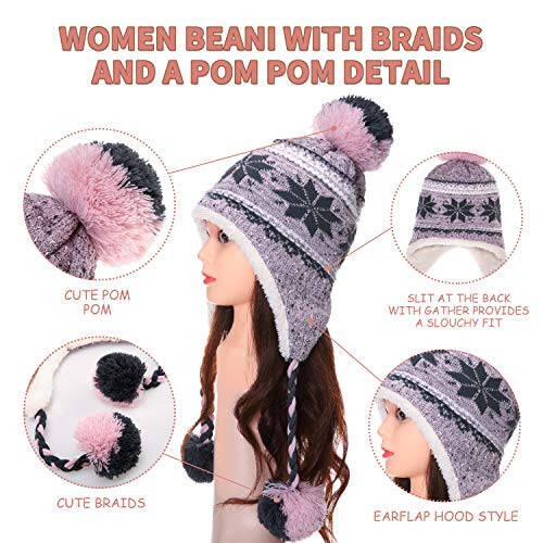 Dosoni Winter Hats for Women Knit Beanie Soft Warm Fleece Lined Long Ear Straps Snow Ski Cap with Pompom - 2