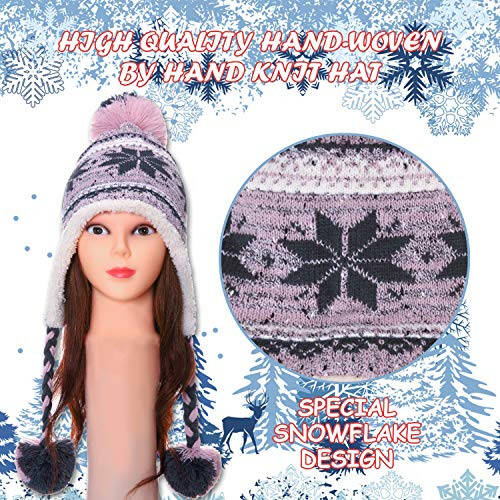 Dosoni Winter Hats for Women Knit Beanie Soft Warm Fleece Lined Long Ear Straps Snow Ski Cap with Pompom - 4