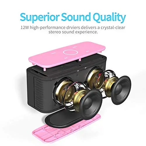 DOSS SoundBox Touch Wireless Bluetooth Speaker-12W HD Sound with Rich Bass, IPX5 Waterproof, 20H Playtime, Ideal Christmas & White Elephant Gift for Men, Women, Teens, Office, Home, Travel-Pink - 2