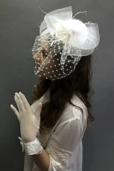 Dotted Bridal Veil and Flower Detailed Bridal Gloves - HAYALPEREST BONCUK