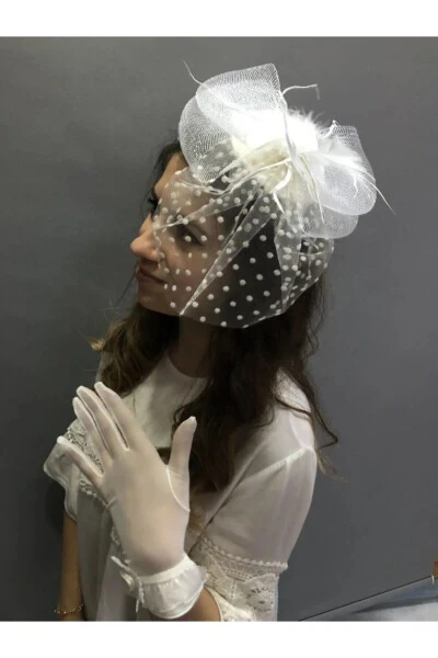 Dotted Bridal Veil and Flower Detailed Bridal Gloves - HAYALPEREST BONCUK (1)