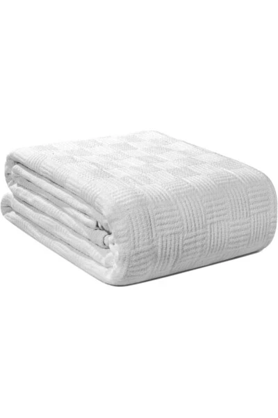 Double Bed 100% Cotton Small Checkered Pattern Bedspread Hotel Type Luxury Pike White - 4