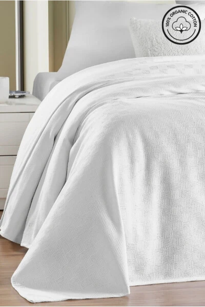 Double Bed 100% Cotton Small Checkered Pattern Bedspread Hotel Type Luxury Pike White - 7