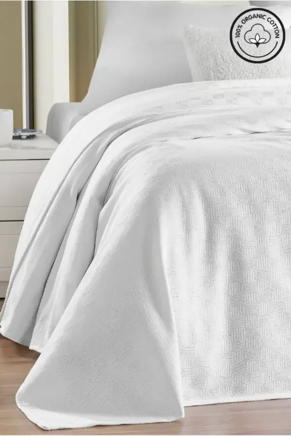 Double Bed 100% Cotton Small Checkered Pattern Bedspread Hotel Type Luxury Pike White - 7