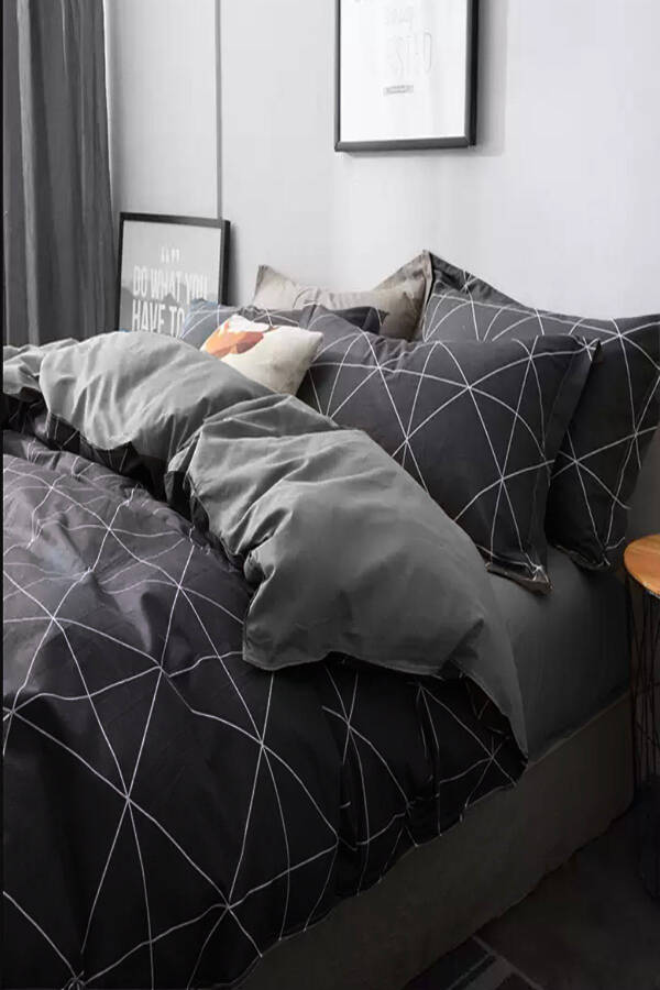 Double Bed Geometric Grey Fitted Sheet Bed Linen Set - 15