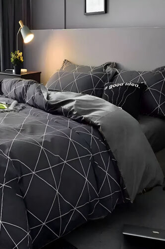 Double Bed Geometric Grey Fitted Sheet Bed Linen Set - İQON