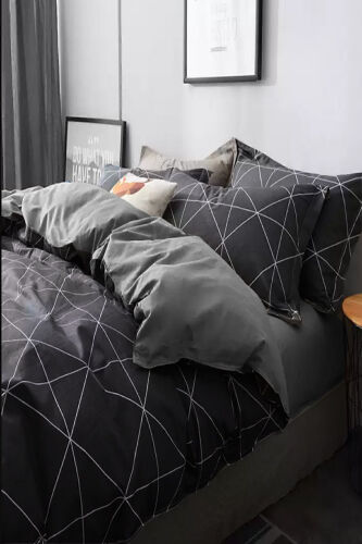 Double Bed Geometric Grey Fitted Sheet Bed Linen Set - İQON (1)