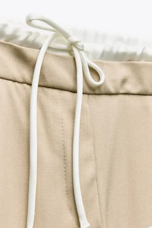 DOUBLE BELTED WIDE LEG TROUSERS-Sand - 5