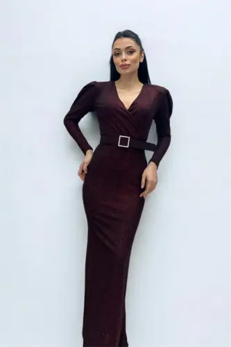 Double-Breasted Belted Dress - BURGUNDY - BÜYÜKBEDENIZ (1)