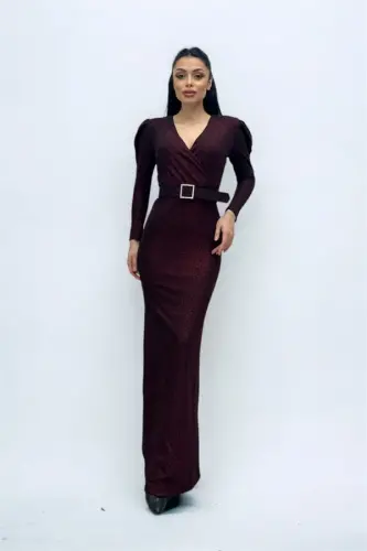 Double-Breasted Belted Dress - BURGUNDY - 3