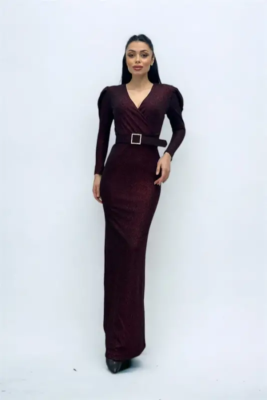 Double-Breasted Belted Dress - BURGUNDY - 3