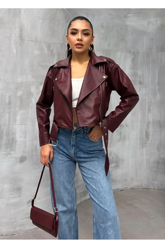 Double-Breasted Belted Women's Faux Leather Jacket - Bordeauxkrvz - 1
