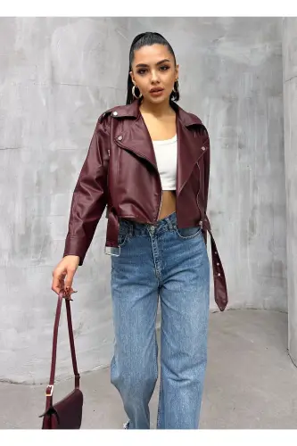 Double-Breasted Belted Women's Faux Leather Jacket - Bordeauxkrvz - MYPAGEBUTIK (1)