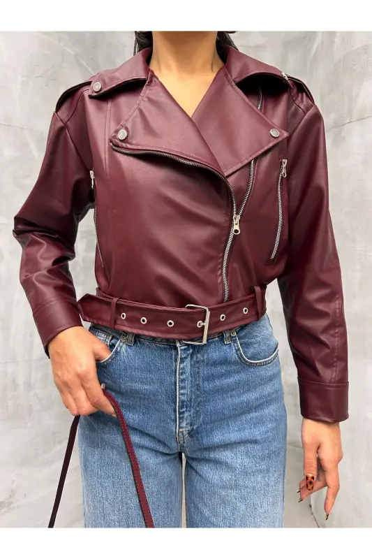 Double-Breasted Belted Women's Faux Leather Jacket - Bordeauxkrvz - 3